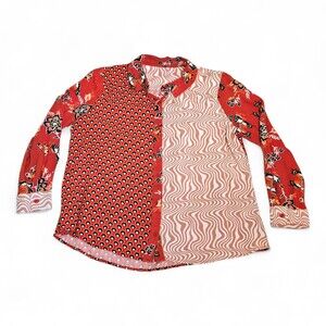 JW Style Orange Mixed-Print Button-Up Blouse  Size S